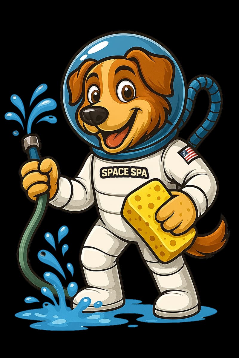 Space Spa mascot astronaut with hose and sponge