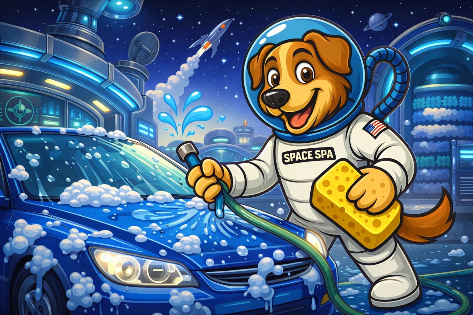 Space Spa mascot washing a car in the space-station wash tunnel